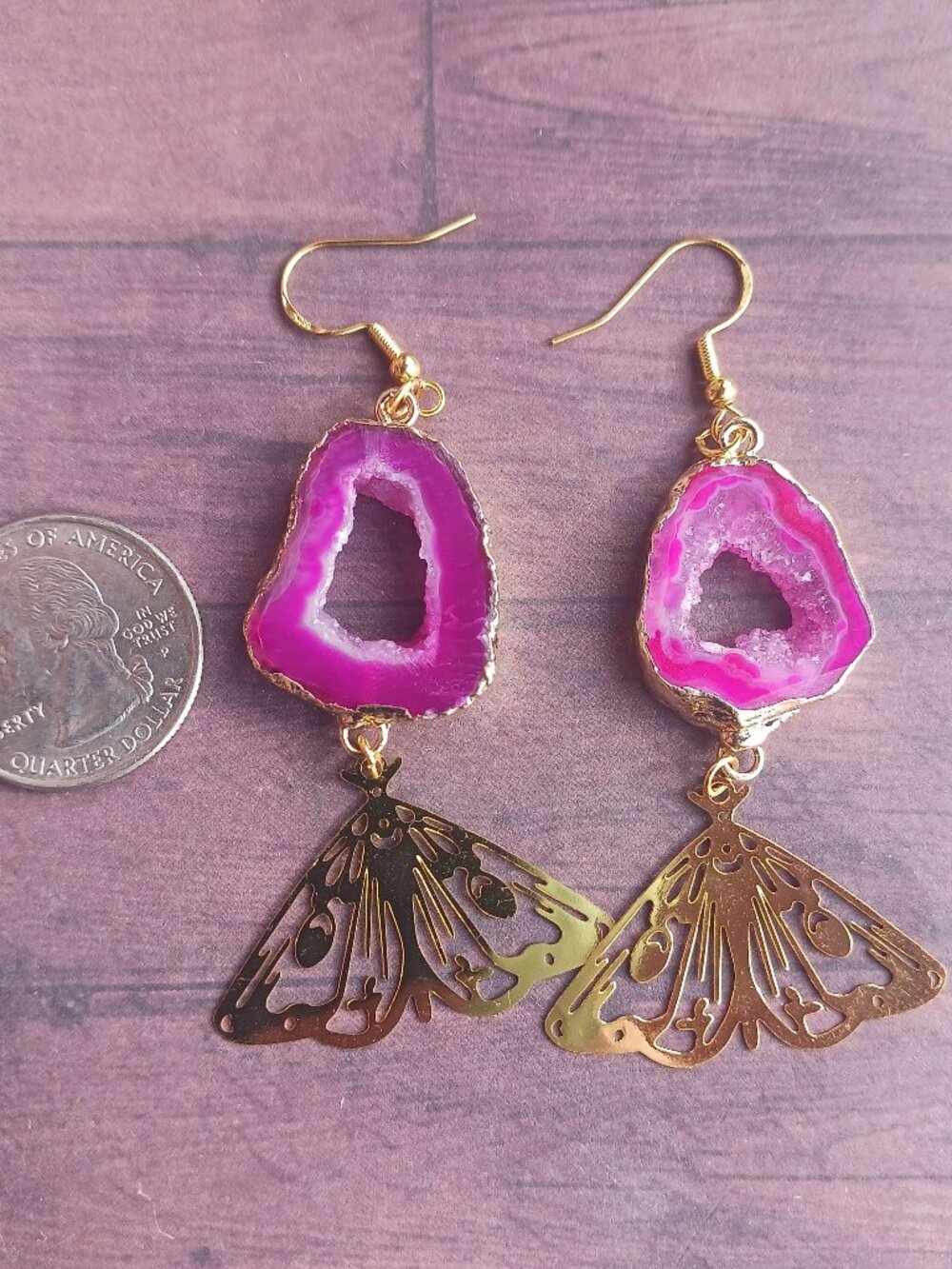 Pink Agate with Moth Earrings handmade
